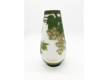 (A154) GLASS VASE SIGNED 'GALLE' W/GRAPES AND LEAF DECORATION-APPROX 10.5'T