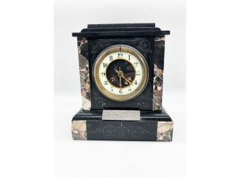 2A-63- Antique Marble Base Mantle Clock - 'JAMES Usher & Son, Paris' WITH DEDICATION PLAQUE -