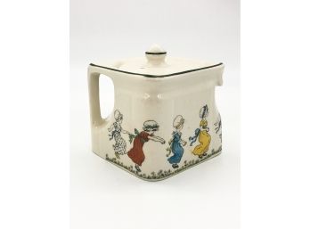 2A-14 - UNIQUE VINTAGE SQUARE TEAPOT- CROWNFORD CHINA CO.-STAFFORDSHIRE ENGLAND-LITTLE GIRLS IN BONNETS -5'