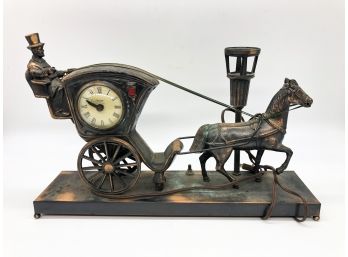 2A-64- VINTAGE HORSE DRAWN CARRIAGE & RIDER MANTLE CLOCK & LIGHT BY UNITED - BRASS