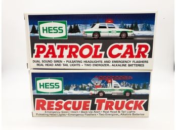 2A-51- TWO VINTAGE 1993 & 1994 HESS TRUCKS IN BOXES - PATROL CAR & RESCUE TRUCK