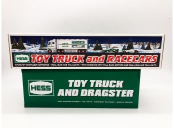 2A-55- TWO VINTAGE 2003 & 2015 HESS TRUCKS IN BOXES - TOY TRUCK & RACECARS & TOY TRUCK & DRAGSTER