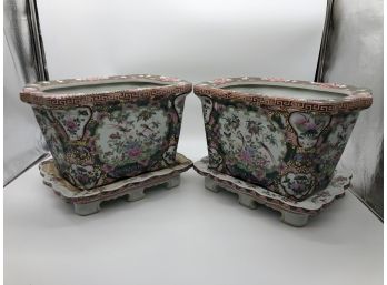 2A-95 - PAIR OF HEAVY ASIAN RECTANGULAR PLANTERS WITH FOOTED UNDER PLATES - NEEDS CLEANING - 13' EACH