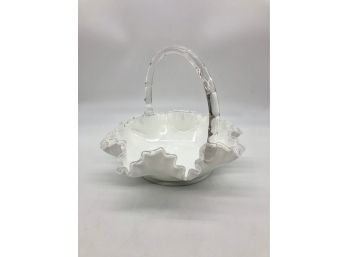2A-2 - VINTAGE WHITE & CLEAR GLASS BRIDE'S BASKET - RUFFLED EDGE & HANDLE - 11' BY 9'