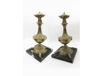 (2A157) PAIR OF ANTIQUE BRASS AND MARBLE FINIALS-LEAF DECORATION-18'S TALL ON 10' BASE