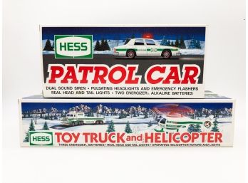 2A-53- TWO VINTAGE 1993 & 1995 HESS TRUCKS IN BOXES - PATROL CAR & TOY TRUCK & HELICOPTER