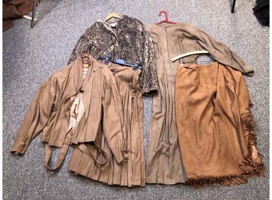 LOT OF 5 VINTAGE LADIES SUEDE JACKETS, SKIRTS, DRESS  SIZES MED. (E39)