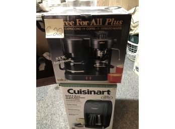 COFFEE MAKERS-SALTON CAPPUCCINO MAKER AND CUISINART COFFEE MAKER- USED IN BOXES-C22