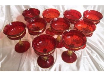 ANTIQUE MURANO WINE GLASSES- RED WITH GOLD DECORATION- 7 INCHES HIGH-C20