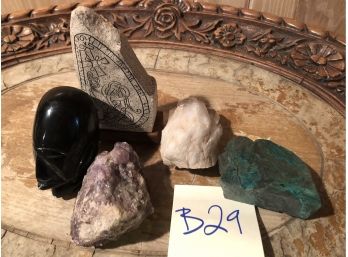 LOT OF 5-2 CRYSTAL ROCKS-RUNE STONE- STOCKHOLM-BLACK STONE CARVED FACE-ROCK OF AGES, ISREAL-B29