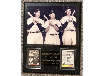 DIMAGGIO- MANTLE-WILLIAMS- BLACK AND WHITE- FRAMED PHOTO WITH 2 BASEBALL CARDS-C26