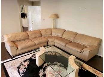TAN LEATHER SECTIONAL SOFA - SOME WEAR, STILL VERY GOOD CONDITION