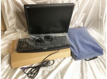 LOT OF 3 COMPUTER ACCESSORIES MONITOR, NEW KEYBOARD AND LAPTOP DESK-A9