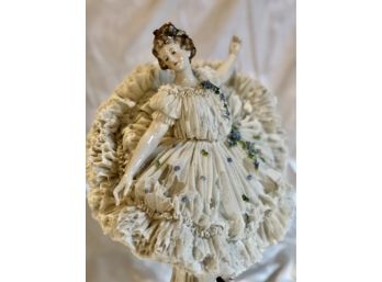 PORCELAIN LACE BALLERINA FIGURINE- CAPODIMONTE- AS IS- DAMAGE TO LACE SKIRT- CHIP ON BASE-C19