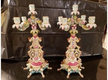 PAIR OF ANTIQUE MEISSEN CANDELABRAS  - SOME DAMAGE, ONE FOOT AND LEAF IS BROKEN AND SOME CHIPS -20' TALL