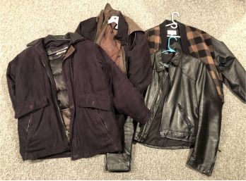LOT OF 4  MEN'S JACKETS -LEATHER & WOOL - SIZES MED. & 42 (E10)
