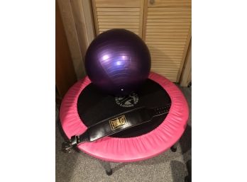 LOT OF 3 GYM PIECES, BALANCE BALL, EVERLAST WEIGHT-BELT, AND JACK LALANNE TRAMPOLINE -B6