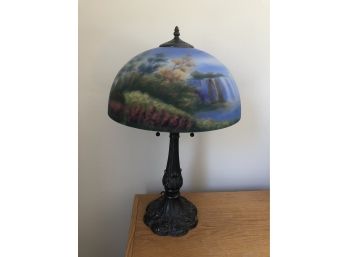 VINTAGE REVERSE PAINTED GALSS TABLE LAMP - APPROX. 24' TALL