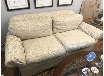 (7) BEIGE UPHOLSTERED SOFA - TWO SEAT WITH ASSORTED PILLOWS - APPROX.82'X45'X25'