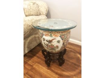 (8) HEAVY ASIAN STYLE PLANTER WITH KOI FISH, BIRDS, BUTTERFLY - WOOD STAND & GLASS TOP INCLUDED-APPROX.24'X20'