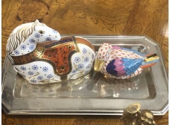 (21) 5 PIECE LOT - HEREND DUCK,  ROYAL CROWN DERBY HORSE, BRASS BUDDHA , SILVER PLATE TRAY & BLUE HEART BOX
