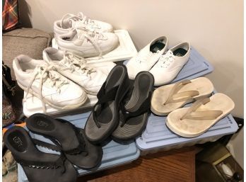 (142) LOT OF 6 PAIR OF LADIES SANDALS AND SNEAKERS-SIZES RANGE FROM 6-6 1/2