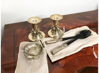(113) LOT-1 SET  STERLING SILVER CANDLESTICK HOLDERS-1 STERLING CLAM SHELL & 2 STERLING HANDLES