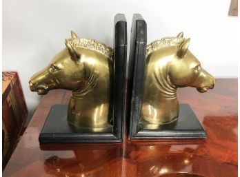 (103) SET OF BRASS AND WOOD HORSE HEAD BOOK ENDS -HEAVY-APPROX.10'T