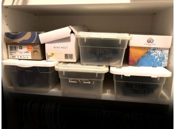 (153) ASSORTED LOT OF 7 PAIRS OF WOMANS SHOES IN BOXES AND PLASTIC CONTAINERS-POT LUCK