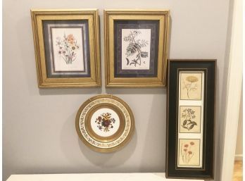 (32) LOT OF 4 WALL HANGINGS-1 PLATE AND 3 FRAMED FLOWER PRINTS