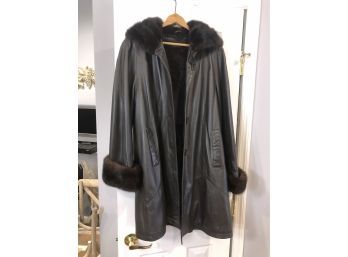 (171) FULL LENGTH  LEATHER COAT WITH FUR COLLAR AND CUFFS- SIZE S-LINED