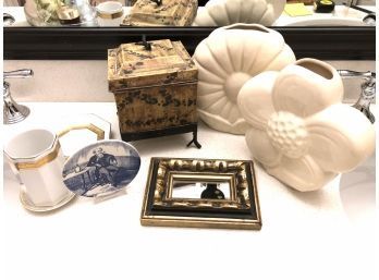 (145) LOT OF 8 BATHROOM ACCESSORIES-GLASS FRAME, PAINTED PLATE,BOX,2 BUD VASES SUP AND SAUCER