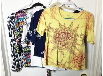 (149B) LOT OF 5 WOMANS BLOUSES-SIZES RANGE SMALL, PETITE AND 0