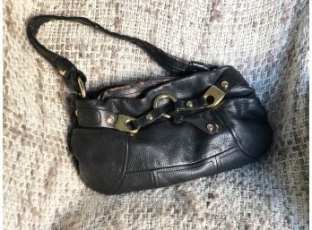 (97) B. MAKOWSKY HANDBAG-BLACK LEATHER BUCKLE IN FRONT AND SNAP CLOSURE