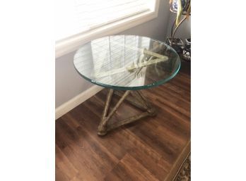 (10) UNIQUE 2 PIECE OCCASIONAL / END TABLE - METAL LEGS WITH THICK GLASS TOP -MEASURES APPROX. 20'X24'