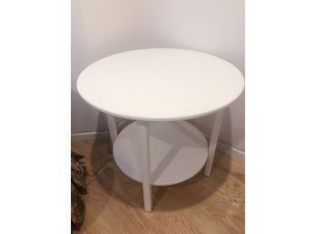 (45) WHITE PAINTED CIRCULAR TABLE WITH SECOND LEVEL-MEASURES APPROX.28'TALL X 32' ROUND