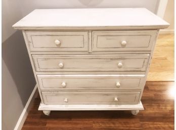(31) WHITE DISTRESSED DRESSER-2 SMALL AND 3 LARGER DRAWERS-MEASURES APPROX. 33'X35'X7'