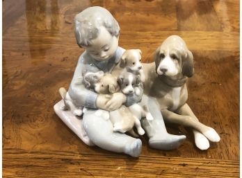 (14) LLADRO '5456' 'NEW PLAYMATES'- BOY WITH MAMA & HER PUPPIES - NO DAMAGE-NO BOX-MEASURES APPROX 5'X7'