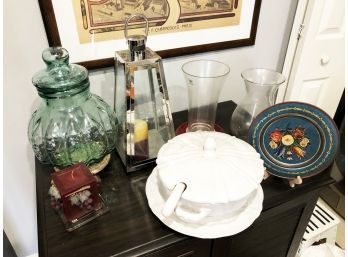 (111) LOT OF 7 ITEMS-SOUP TUREEN, LGE. GLASS LIDDED JAR, DECO.PLATE,  GLASS CANDLE HOLDERS