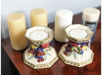 (106) SET OF 2 'FITZ AND FLOYD' LARGE CERAMIC CANDLE HOLDERS-DECORATED W/FRUIT APPROX. 5'T W/CANDLES SHOWN