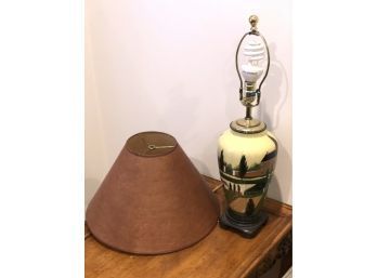 (38) HAND PAINTED CERAMIC AND METAL LAMP-WITH SHADE-MEASURES APPROX. 25'T