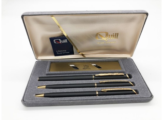 (69) VINTAGE 'QUILL' FOUNTAIN PEN, BALLPOINT PEN AND PENCIL - BLACK & GOLD COLORED - NEW IN BOX