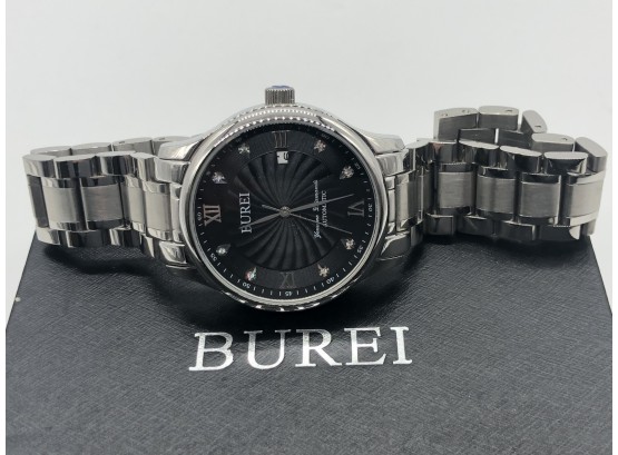 (6) BUREI STAINLESS STEEL AUTOMATIC WRISTWATCH W/DIAMOND CHIPS-NEW IN BOX AND PAPERWORK