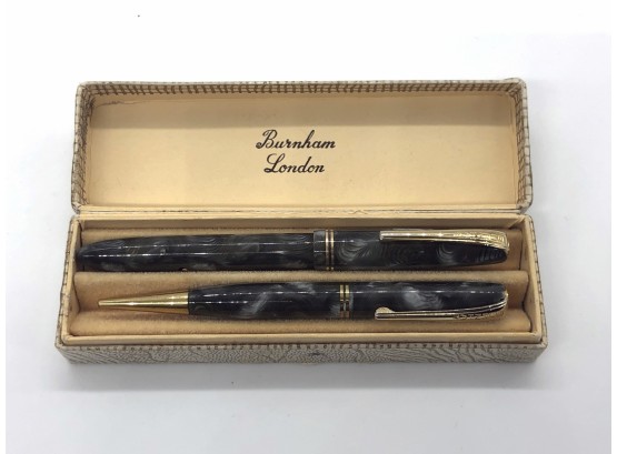 (9) VINTAGE BURNHAM FOUNTAIN PEN AND PENCIL SET - 14KT GOLD NIB - GREEN & GOLD-IN CASE - LIKE NEW