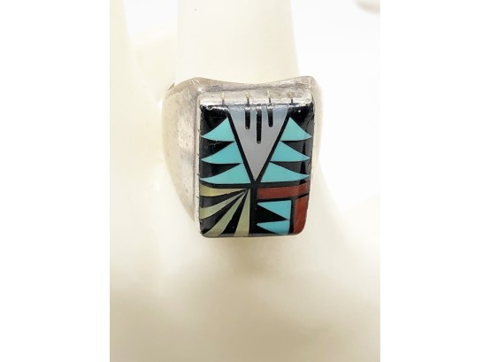 (36) NATIVE AMERICAN HOPI STERLING SILVER AND TORQUOISE MENS RING-SIZE 9 - 9.9 DWT