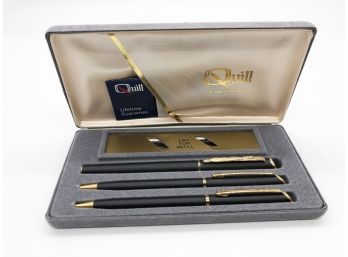 (69) VINTAGE 'QUILL' FOUNTAIN PEN, BALLPOINT PEN AND PENCIL - BLACK & GOLD COLORED - NEW IN BOX