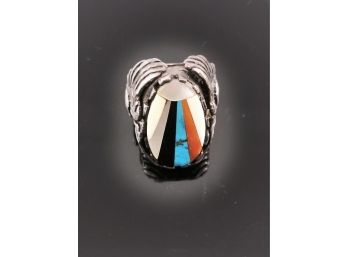 (95) VINTAGE SOUTHWESTERN STYLE STERLING SILVER MENS RING - TURQUOISE, CORAL AND MORE-SIZE 8 1/2 - DWT 13.5