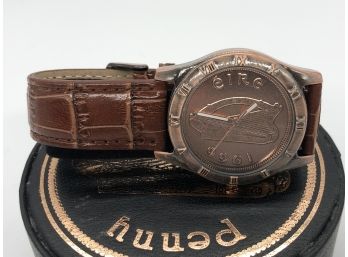 (26) VINTAGE 'IRISH PENNY WATCH CO.' EIRE PENNY MENS WATCH - BROWN LEATHER STRAP - 1966 - NEW IN BOX
