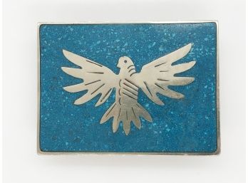 (43) VINTAGE STERLING SILVER & TURQUOISE BELT BUCKLE - MADE IN MEXICO - BIRD - 53.7 DWT