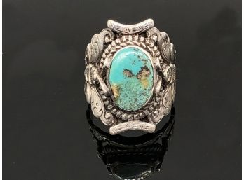 (33) SOUTHWESTERN STYLE TURQUOISE AND STERLING SILVER MENS RING W/BUTTERFLY ON EACH SIDE -SIZE 9 - 6.1 DWT